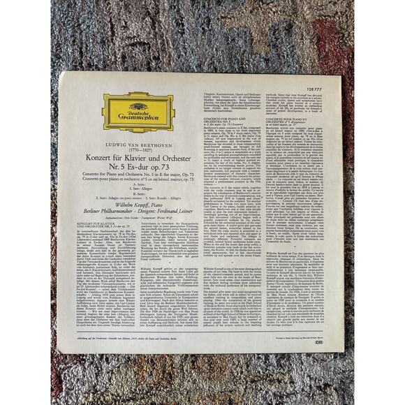 DGG 138 777WILHELM KEMPFF / BEETHOVEN Piano Concerto No. 5 Leitner Berlin - Picture 2 of 4